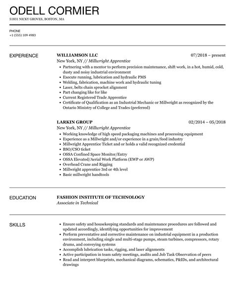 Millwright Apprentice Resume Samples | Velvet Jobs