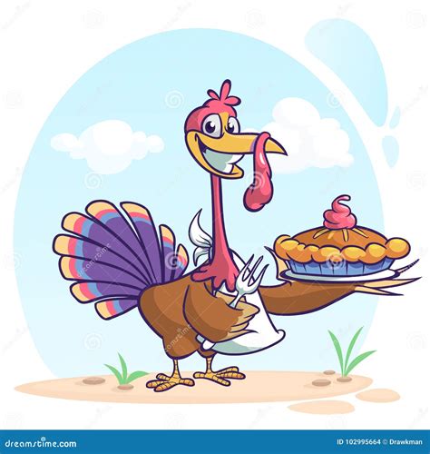 Thanksgiving Funny Cartoon Turkey Cook Serving Pumpkin Pie Stock Vector ...