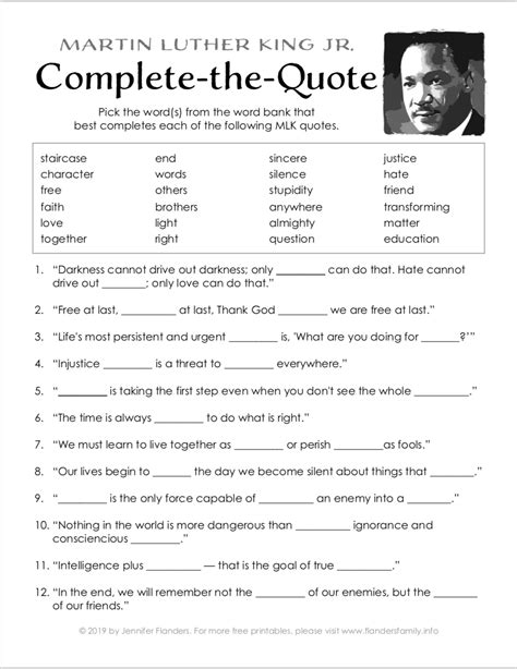 MLK Compete-the-Quote Printable in 2023 | Martin luther king worksheets ...