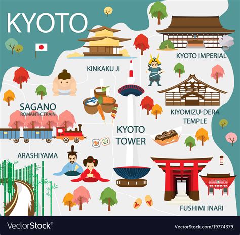 Map of kyoto attractions and Royalty Free Vector Image