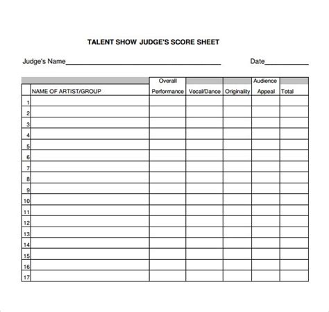 Printable Judges Score Sheet Template - Printable Word Searches