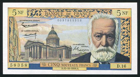 France Currency 5 New Francs banknote of 1959 Victor Hugo|World ...