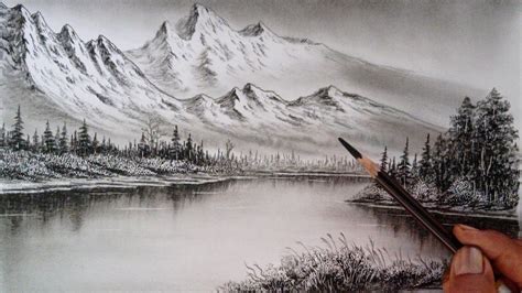 Mountain lake landscape scenery drawing easy ways // Pencil drawing ...