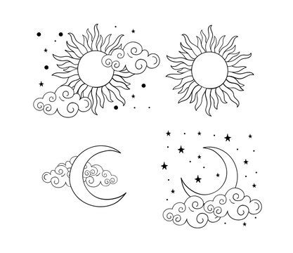 Sun And Moon Outline - Sun Moon Cloud And Star Black Outline ...