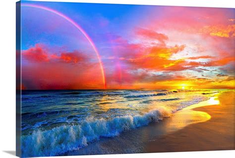 Pink Sunset Beach With Rainbow And Ocean Waves Wall Art, Canvas Prints ...