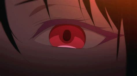 an anime character's eye is shown with red and pink irises in the ...