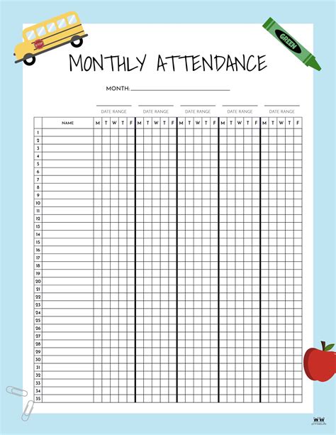 Attendance Sheets - 52 FREE Printables | Printabulls