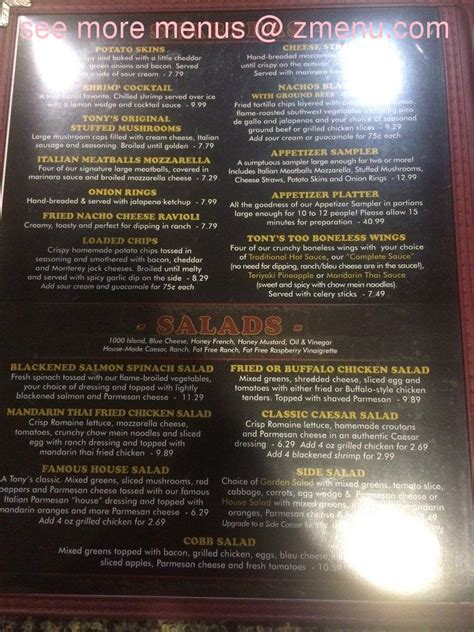 Menu at Tony's Too restaurant, Quincy