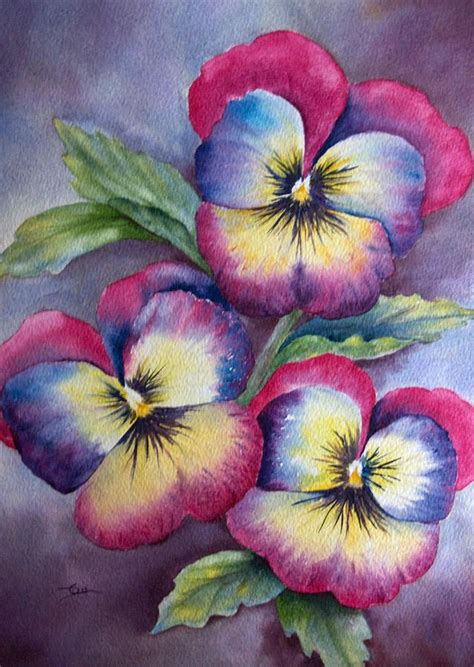 watercolor painting of three pansies with green leaves and purple ...