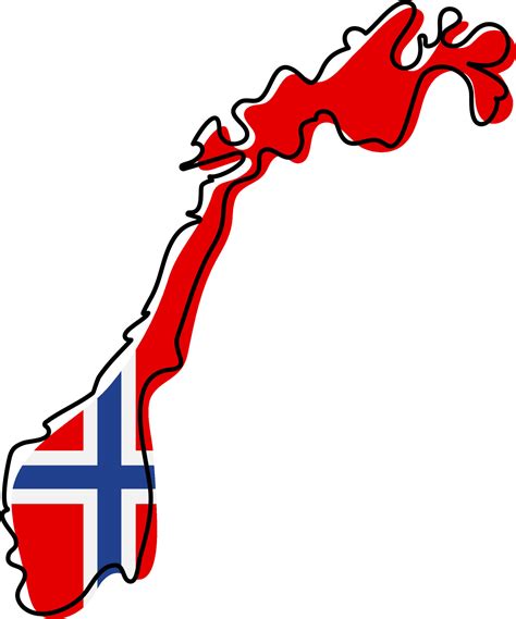 Stylized outline map of Norway with national flag icon. Flag color map ...