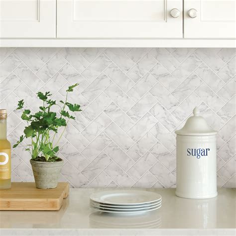 Wallpops Herringbone Carrara Marble Peel and Stick Backsplash Tile in ...