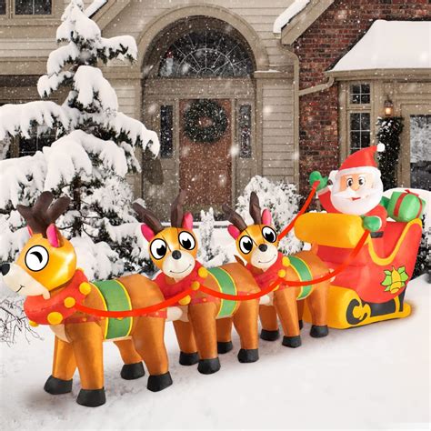 10 Foot Long Lighted Christmas Inflatable Santa Claus on Sleigh with 3 ...