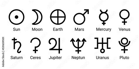 Set astrology and astronomy planet symbols. Outline icons, isolated on ...