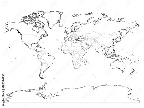 World map outline. Thin country borders and thick land contour on white ...