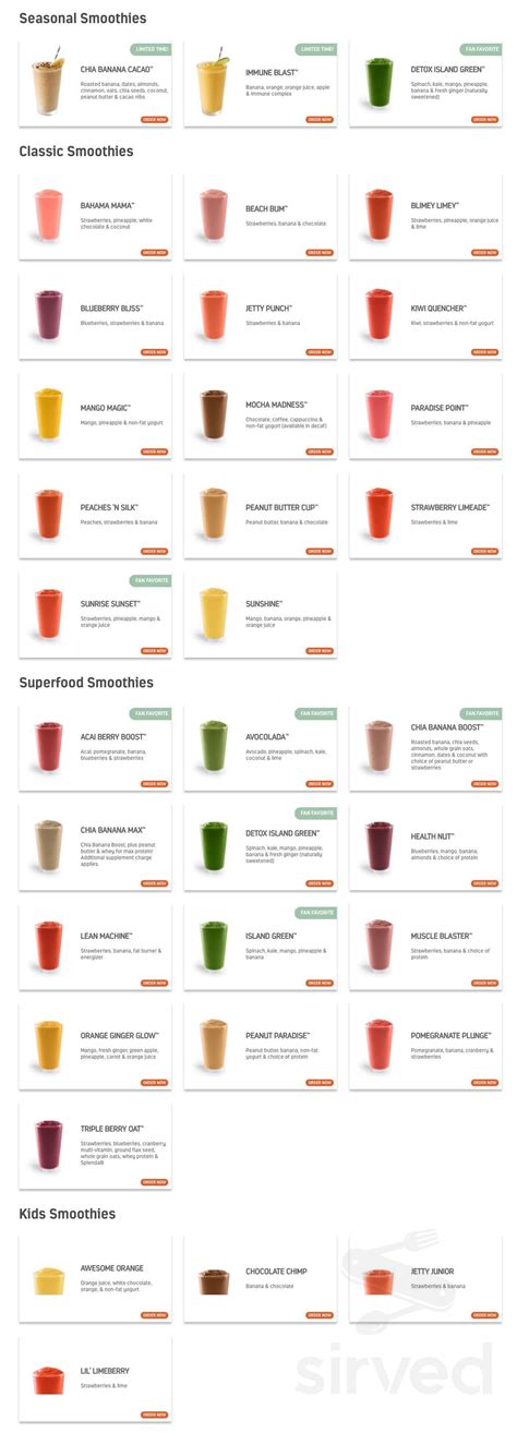 Tropical Smoothie Cafe menu in Lake Forest, California, USA