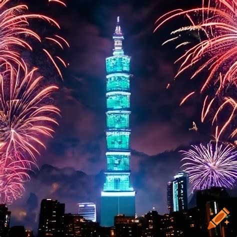 Taipei 101 with fireworks and colorful lasers on Craiyon