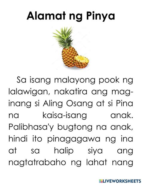 Alamat ng Pinya Worksheet in Multiple Languages