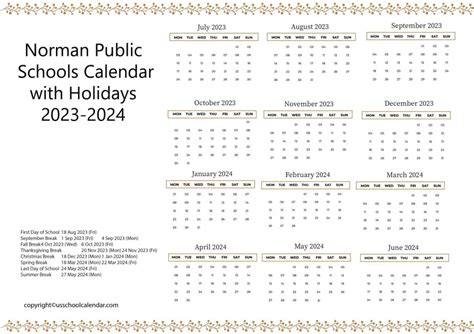 Norman Public Schools Calendar with Holidays 2023-2024