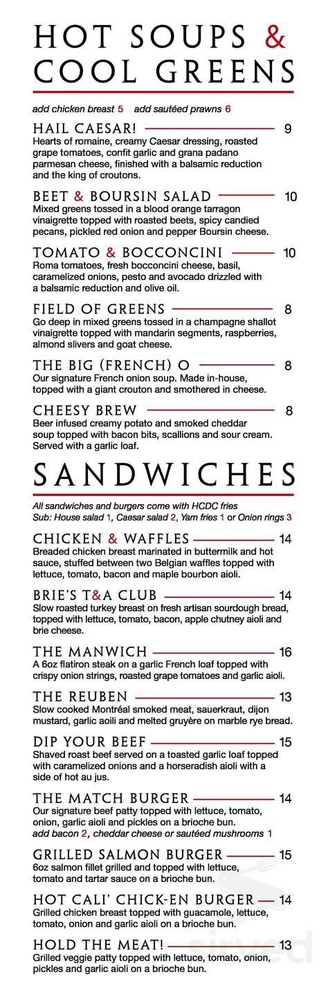 Match Eatery & Public House menu in Langley, British Columbia, Canada