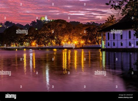 Night time view of The lake in central Kandy in the hill country of Sri ...