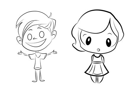 black and white cartoon illustration of cute little boy and girl ...