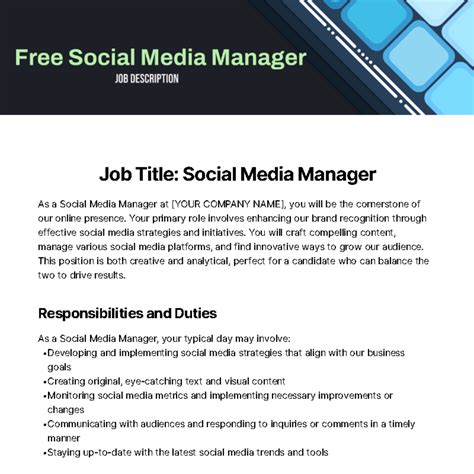 Social Media Manager Job Description Template - Edit Online & Download ...