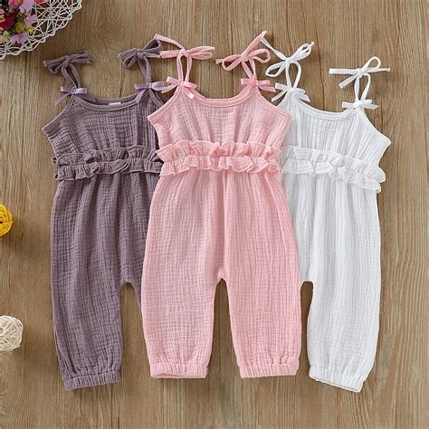 Baby Girl Jumpsuit Sleeveless Strap Solid Romper Ruffled Bowknot High ...