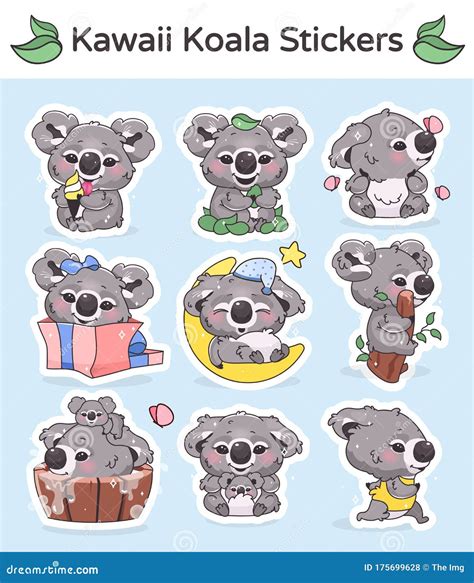 Cute Koala Mobile App Kawaii Cartoon Characters Stickers Pack Stock ...