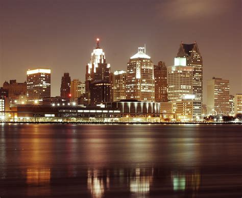 Detroit skyline with night lights in Michigan image - Free stock photo ...