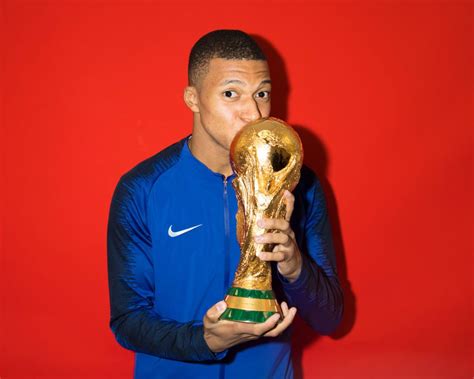 MOSCOW, RUSSIA - JULY 15: Kylian Mbappe of France poses with the ...