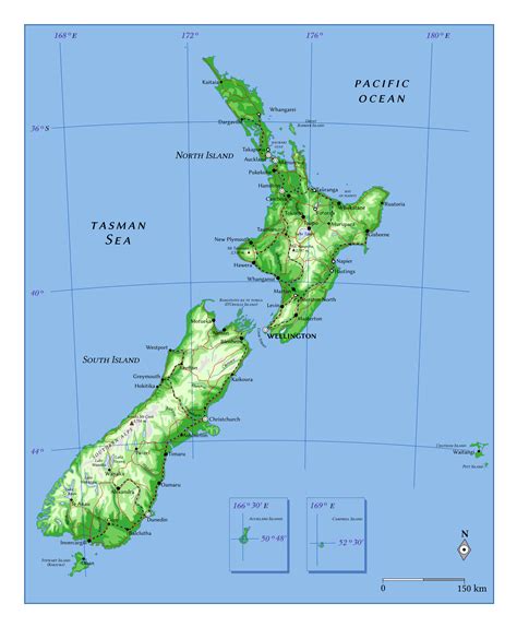 Large elevation map of New Zealand with roads, railroads and cities ...