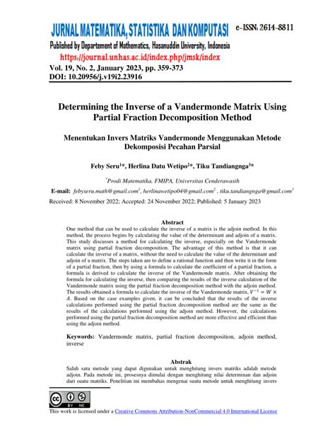 (PDF) Determining the Inverse of a Vandermonde Matrix Using Partial ...