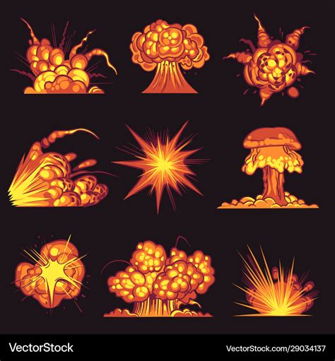 Cartoon explosions fire bang with smoke effect Vector Image