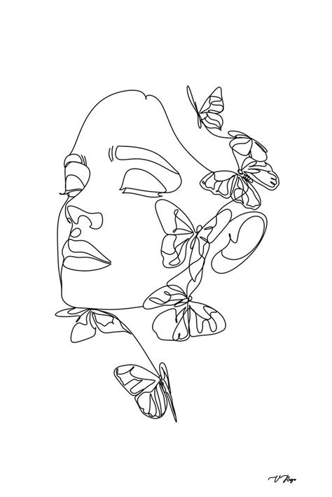 Abstract face with butterfly by one line drawing. Portrait minimalistic ...