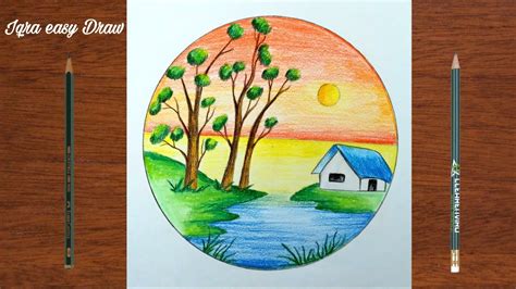 How to Draw Colourful village scenery Drawing in a circle || pencil ...