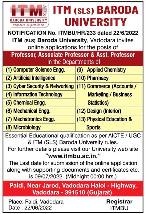 ITM(SLS) Baroda University, Vadodara Wanted Professor/ Associate ...