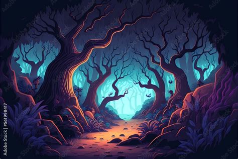 Mystical forest illustration, cartoon style landscape,endless nature ...