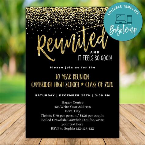 Printable Black and Gold Class Reunion Invitation Template DIY | Bobotemp