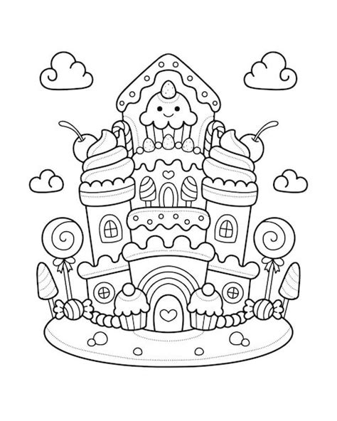 a coloring page with a castle in the middle and lots of candy on top of it