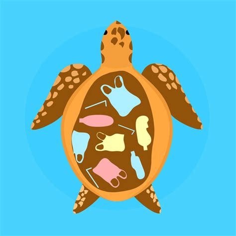 Vector illustration of a big turtle eating plastic trash, bottles and ...