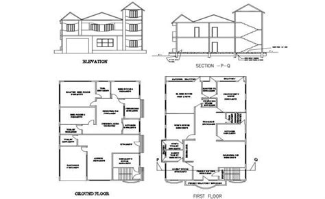 Two-Level House Elevation and Floor Plan Details