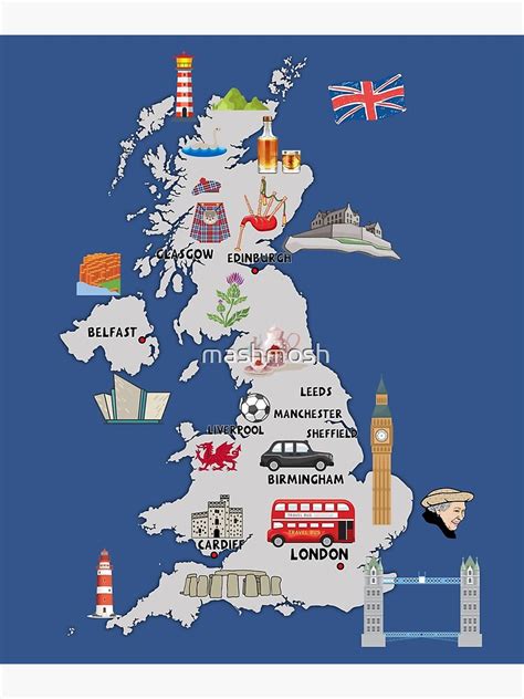 "UK map illustrated map of United Kingdom showing the top attractions ...