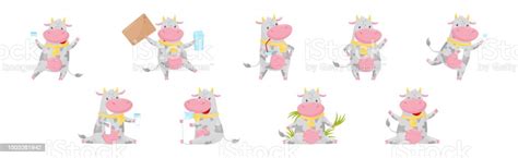 Farm Cow Character Udder Holding Milk Drink Vector Set Stock ...