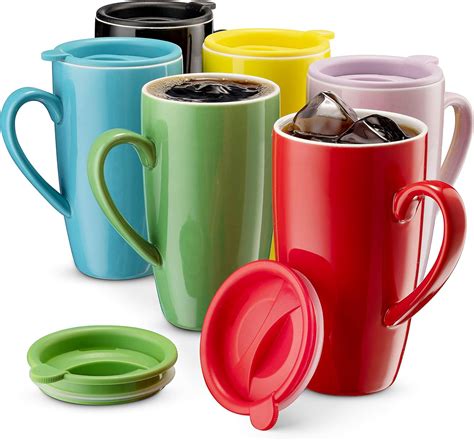 MITBAK 6-Pack Ceramic Coffee Mug Set with Lids (16-Ounce) | Large ...