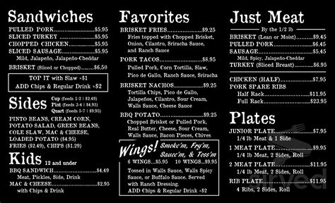 Walls BBQ menu in Huntsville, Texas, USA