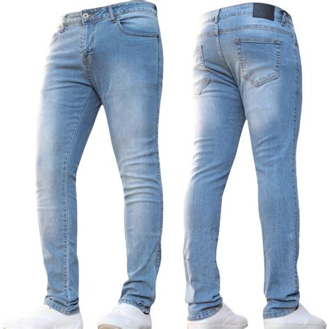 ENZO Mens Designer Stretch Super Skinny Denim Jeans Light Stonewash Blue