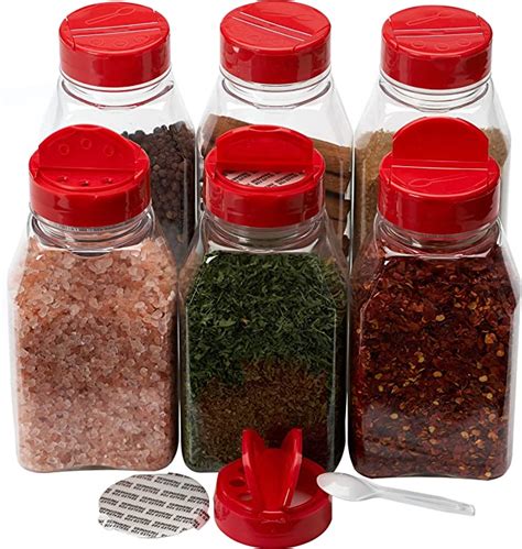 Spice Jars - 16 oz. Clear Plastic Containers with Shaker Lids - 6 Sets