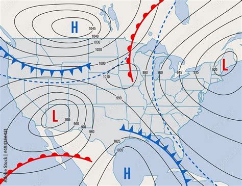 Forecast weather isobar map of USA states, meteorology wind fronts and ...