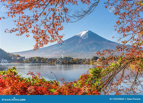 Mt. Fuji, Japan on Lake Kawaguchi with Autumn Foliage Stock Image ...