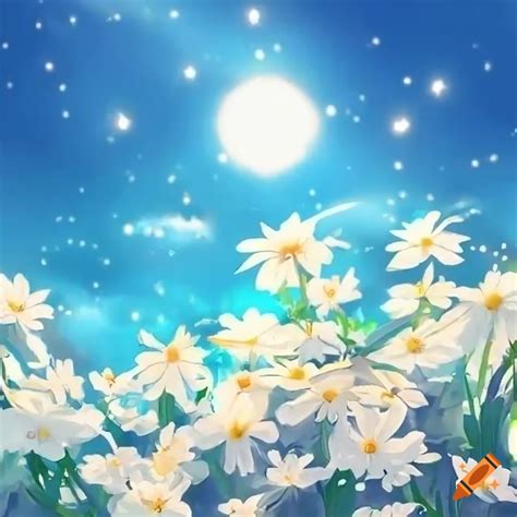 Anime-style artwork of endless white flowers under a starry and sunny ...